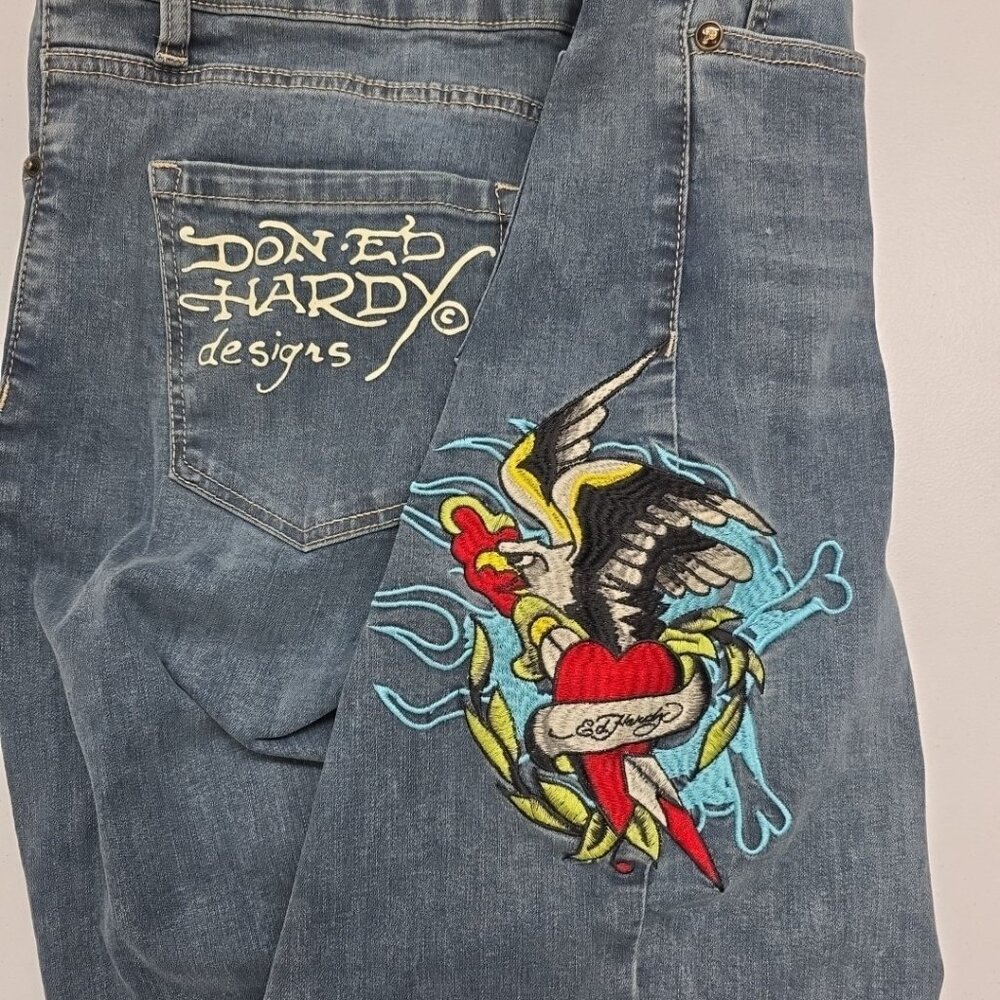 NWT Y2K Baggy Ed Hardy Jeans Womens 32 Blue Denim Wide Leg Skater Embroidered